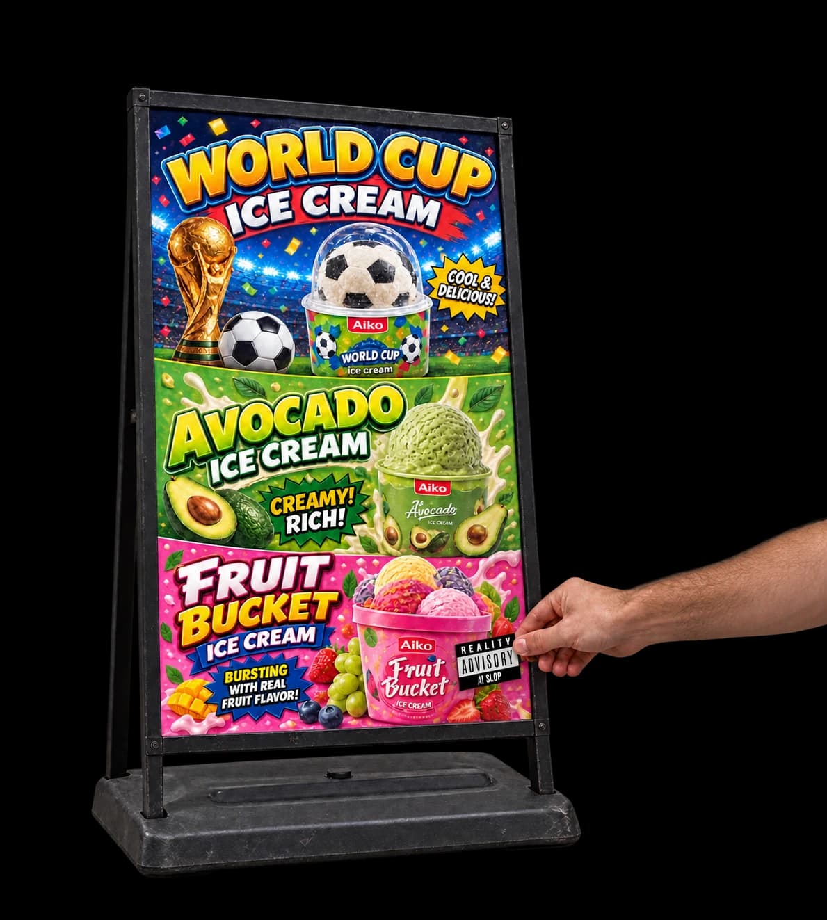 A colorful sidewalk ice-cream menu sign being marked with a borderless Reality Advisory sticker.