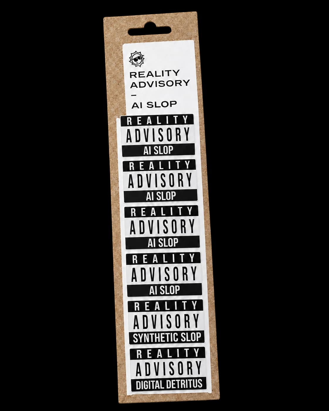 The complete six-sticker Reality Advisory pack, including AI Slop, Synthetic Slop, and Digital Detritus labels.